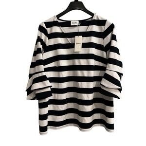 Leota Top Womens 1X  Niki Bell Sleeve Tunic Blue White Striped Nautical Cape Cod